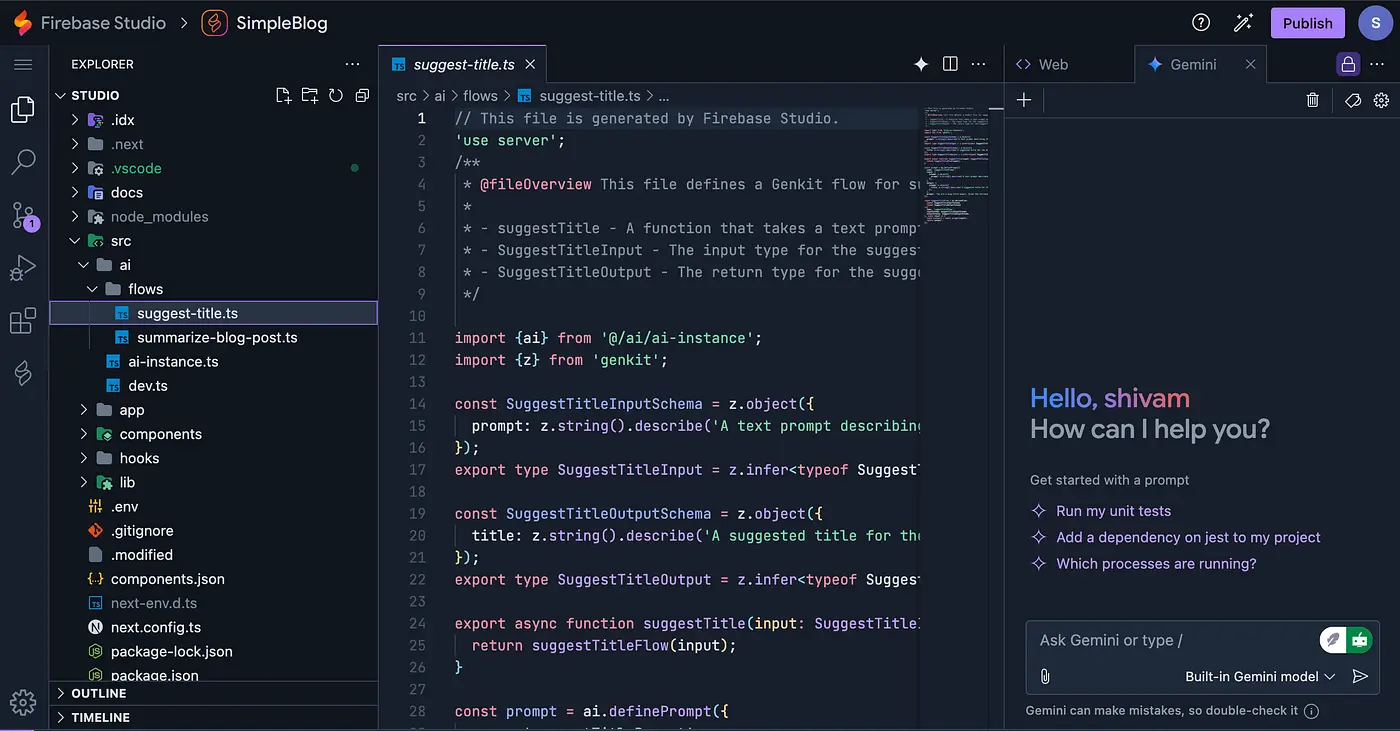 Firebase StudioのTypeScriptコーディング画面とGemini AI連携