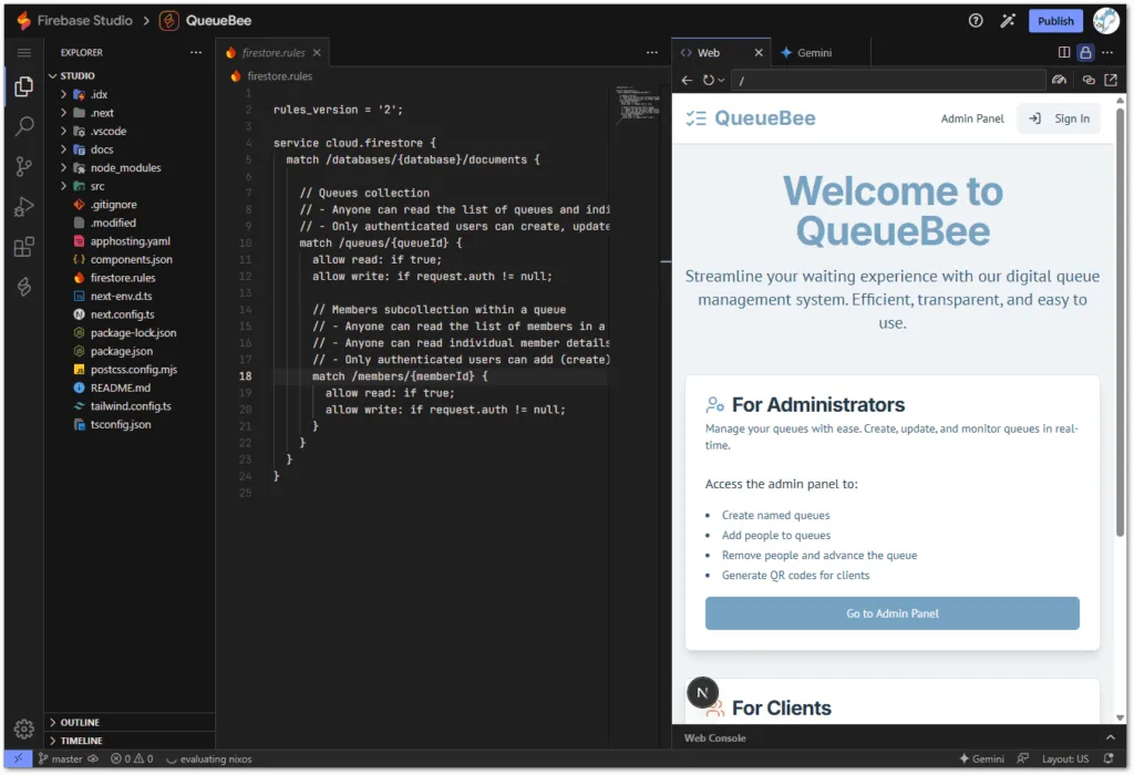 Firebase StudioのFirestoreルール設定とプレビュー画面