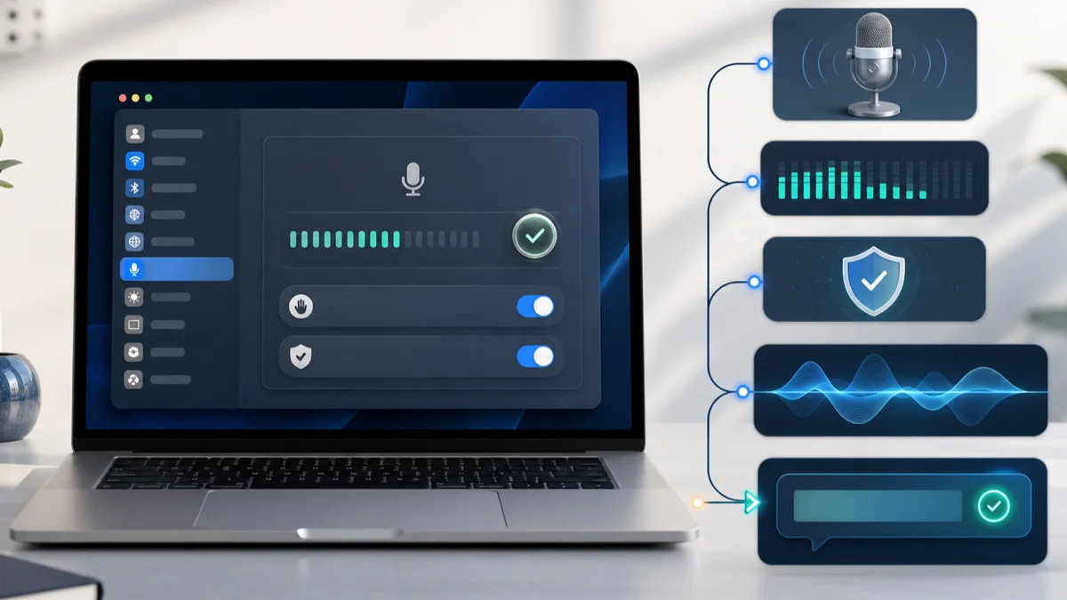 Macの音声入力設定とマイク入力メーターを確認するデスク