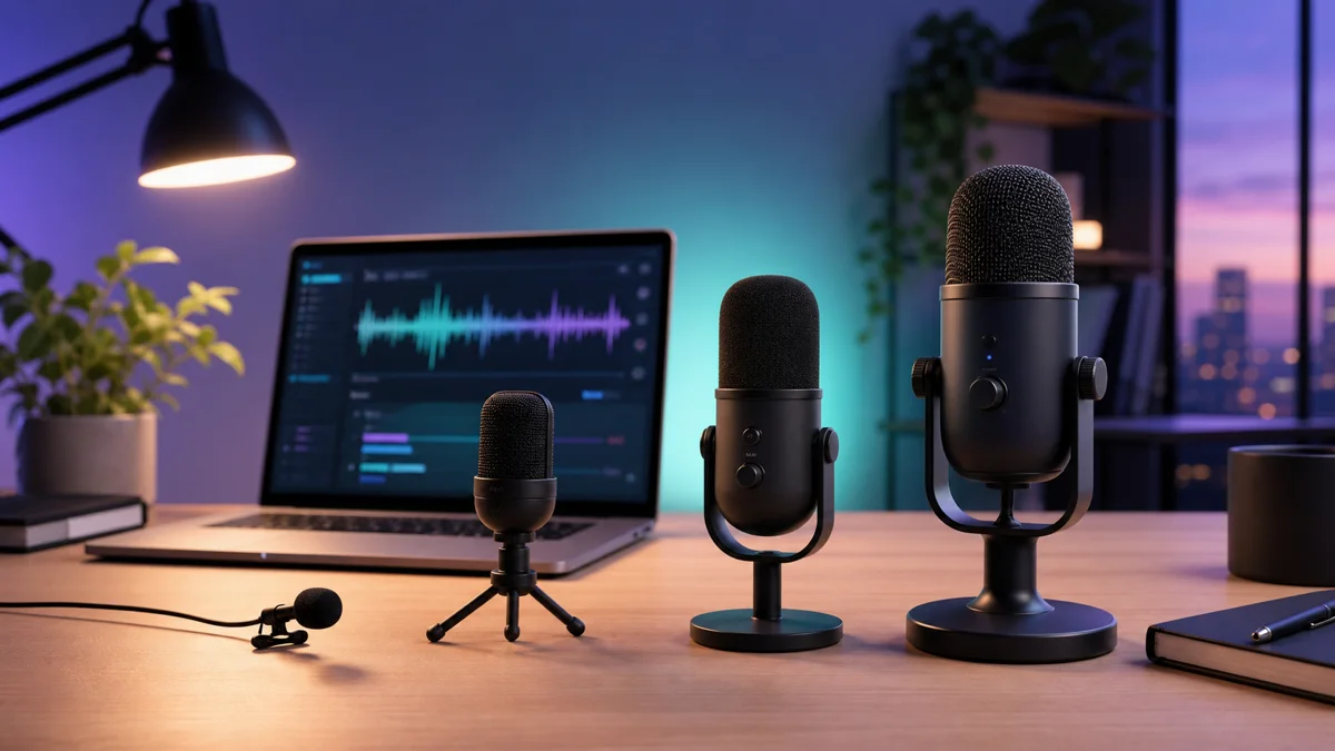 音声入力用の4種類のUSBマイクと音声波形を表示するノートPC