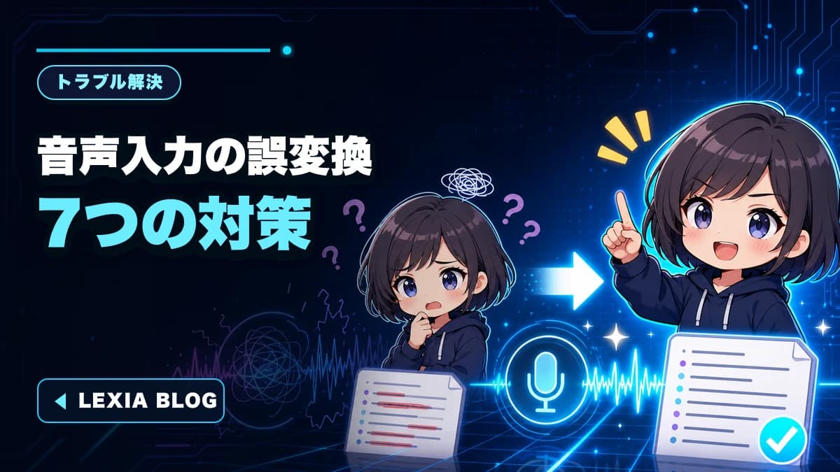 音声入力の誤変換を原因別に確認するチェック画面と音声波形