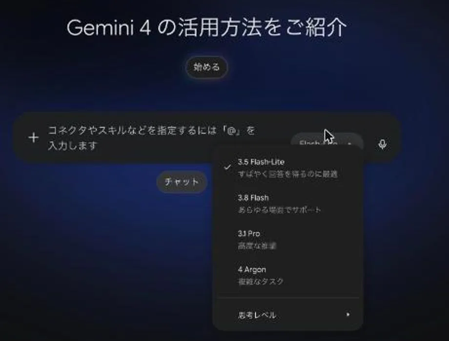 Geminiアプリのモデル選択メニュー。3.5 Flash-Lite、3.8 Flash、3.1 Pro、4 Argonが並んでいる